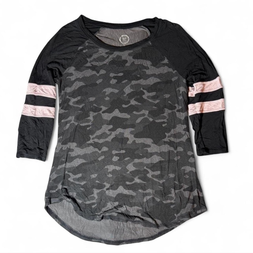 Maurices Black Camo Long Sleeve Top with Pink Accents